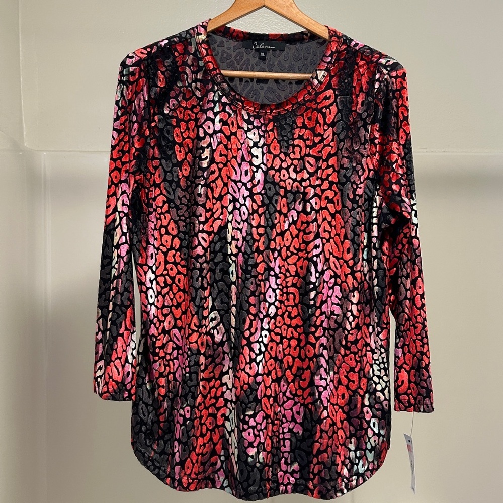Calessa Stylish Women’s Vibrant Velvet Long Sleeve Cheetah Print Blouse Size XL